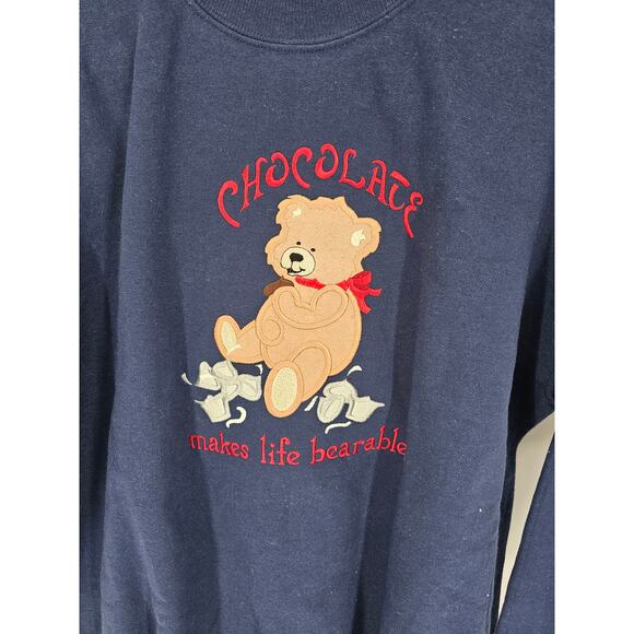 MC Energy Sportswear VTG Size L Bear Sweater Blue Chocolate Makes Life Bearable - Picture 2 of 4